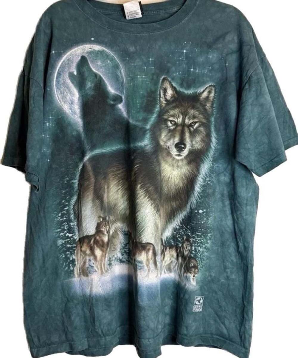 Vintage 2000 Liquid Blue Wolf Moon All Over Print Graphic T Shirt XL Nature Wild